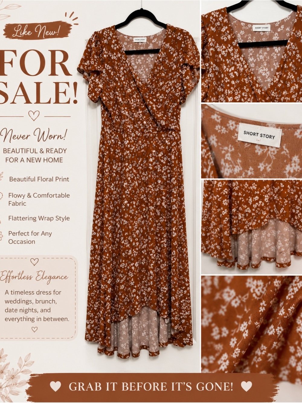 Short Story Rust Floral Wrap Midi Dress